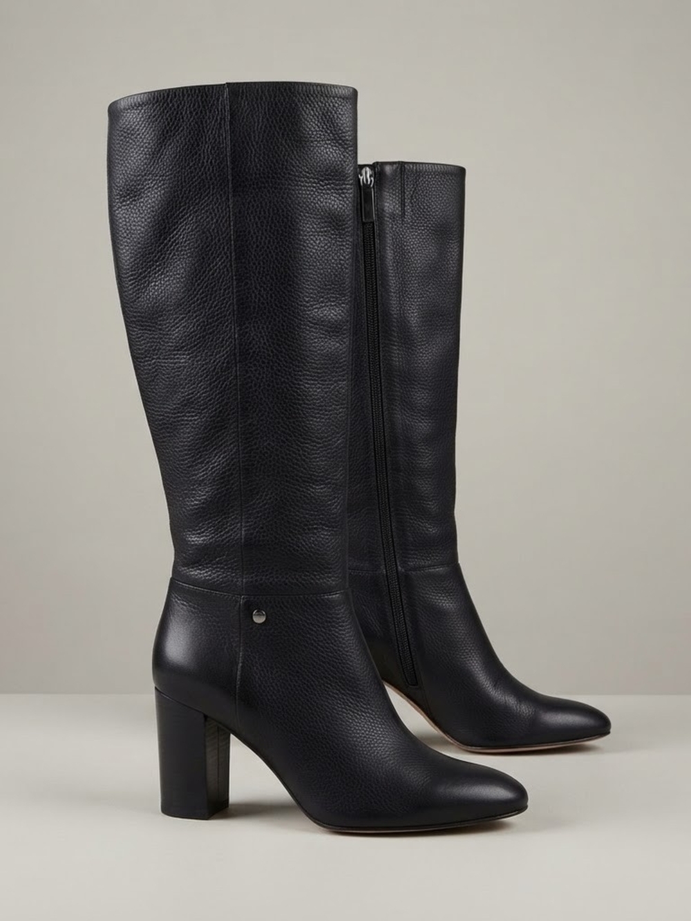 Karl Lagerfeld Black Grained Leather Tall Block Heel Boots Soft Square Toe 7